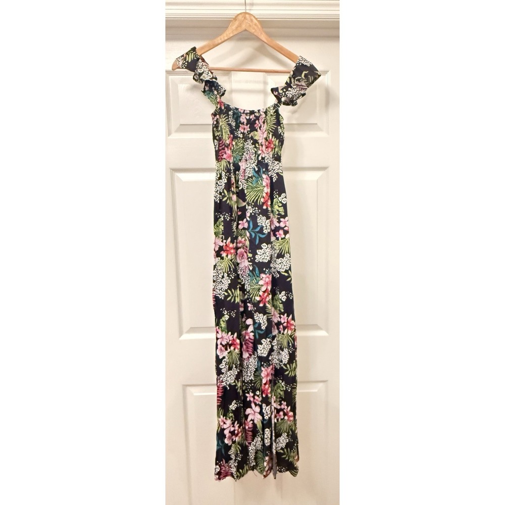 Bohome Maxi Dress Womens Small Navy Tropical Floral Leopard Smocked Ruffle Slit